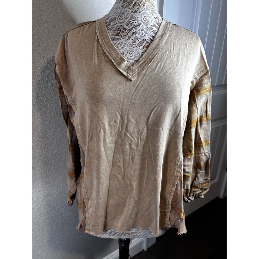 Easel Pullover Beige Top W/Plaid Sleeves &Sides S Raw Seams Boho Grunge Rustic